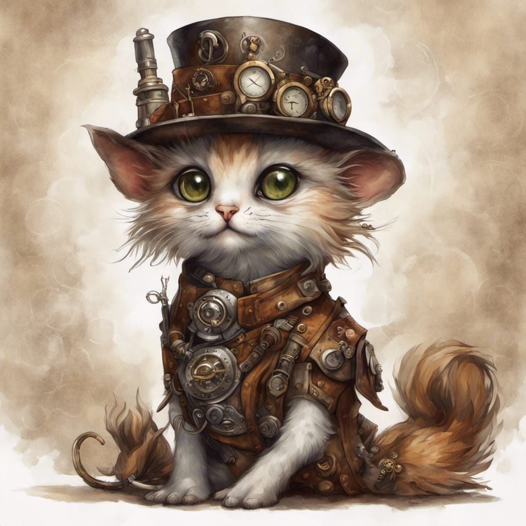 Steampunk Kitten: Detailed Digital Watercolor Fantasy