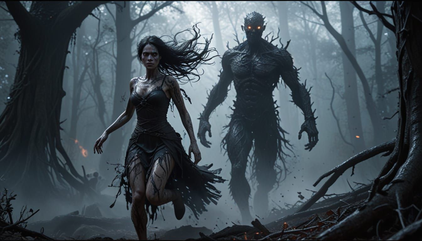 Gothic Woman's Desperate Flight Through Shadowy Forest