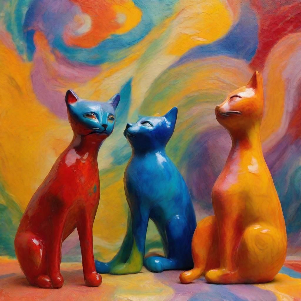 Surreal Cats Figurine Art in Fauvist Style