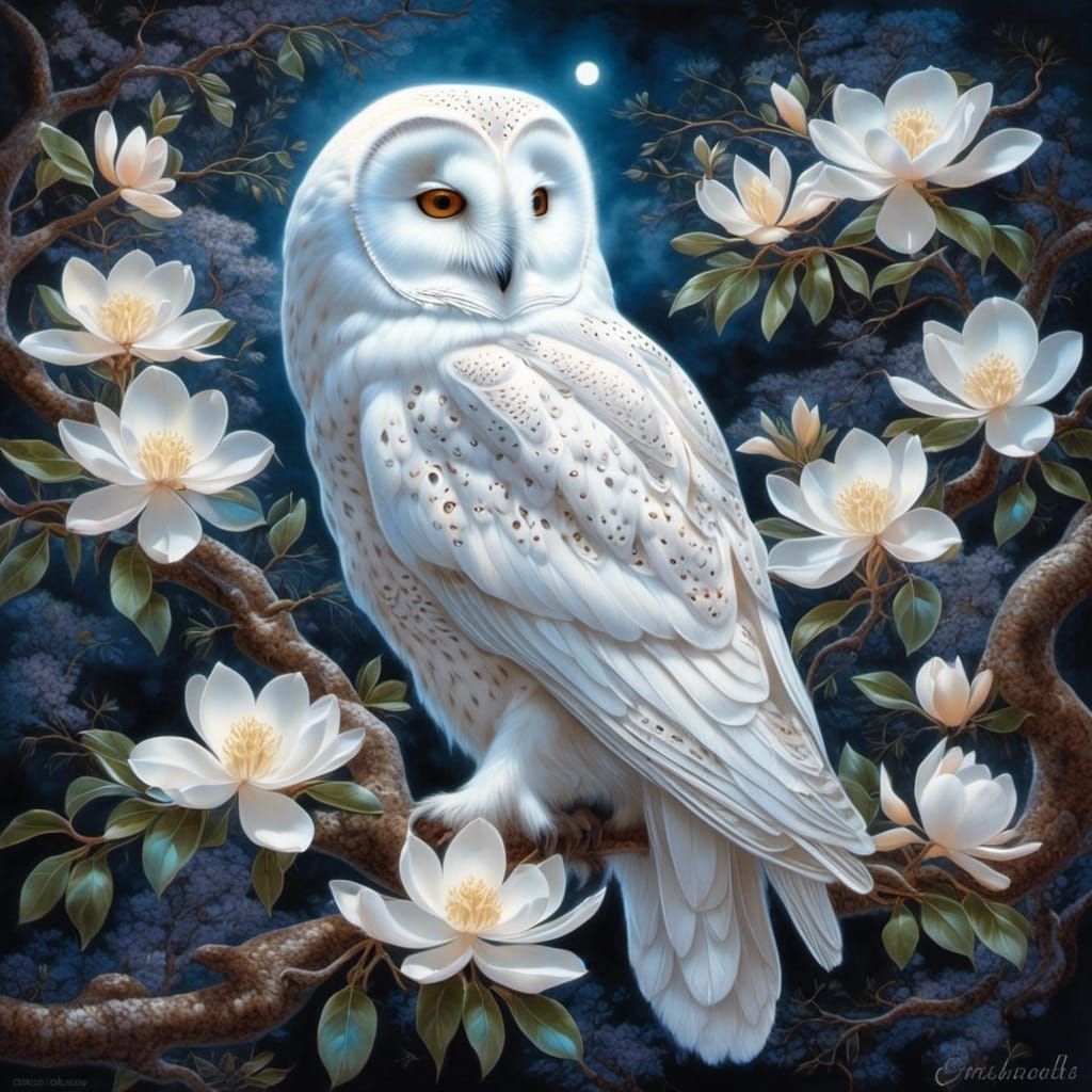 Majestic White Owl on Magnolia Tree at Night