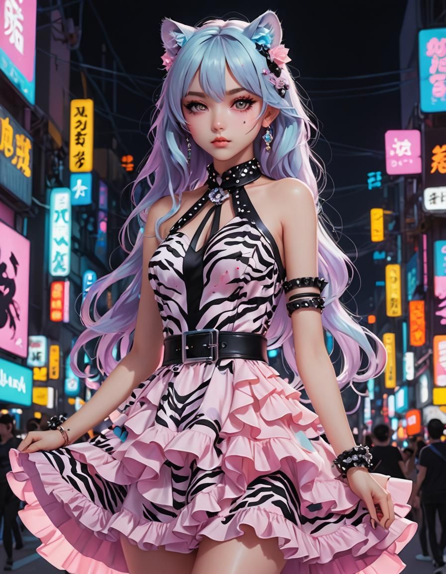 Pastel Goth Dress with Neon Lights, Anime Art