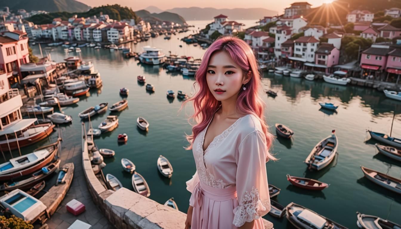 Fantasy Harbor Sunset Scene with Chinese Girl