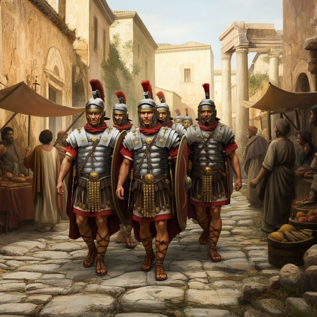 Classical Roman Legion Marches Through Ancient Town in Golde...