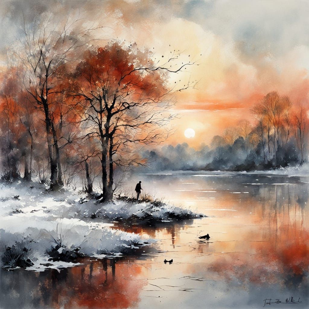 icy lake in the red copper sunset