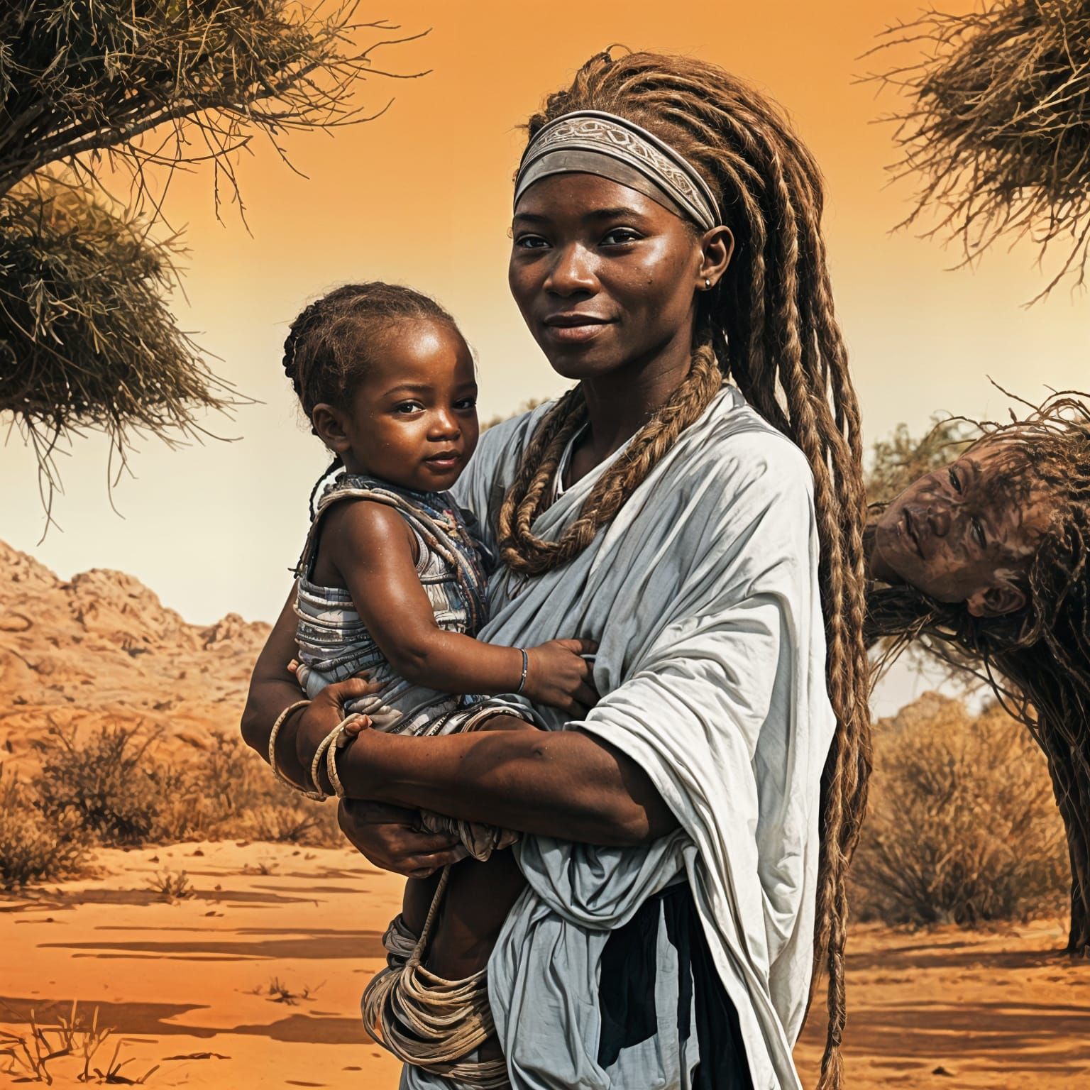 Himba girl in the darkness, "Holding her small "baby" in her...