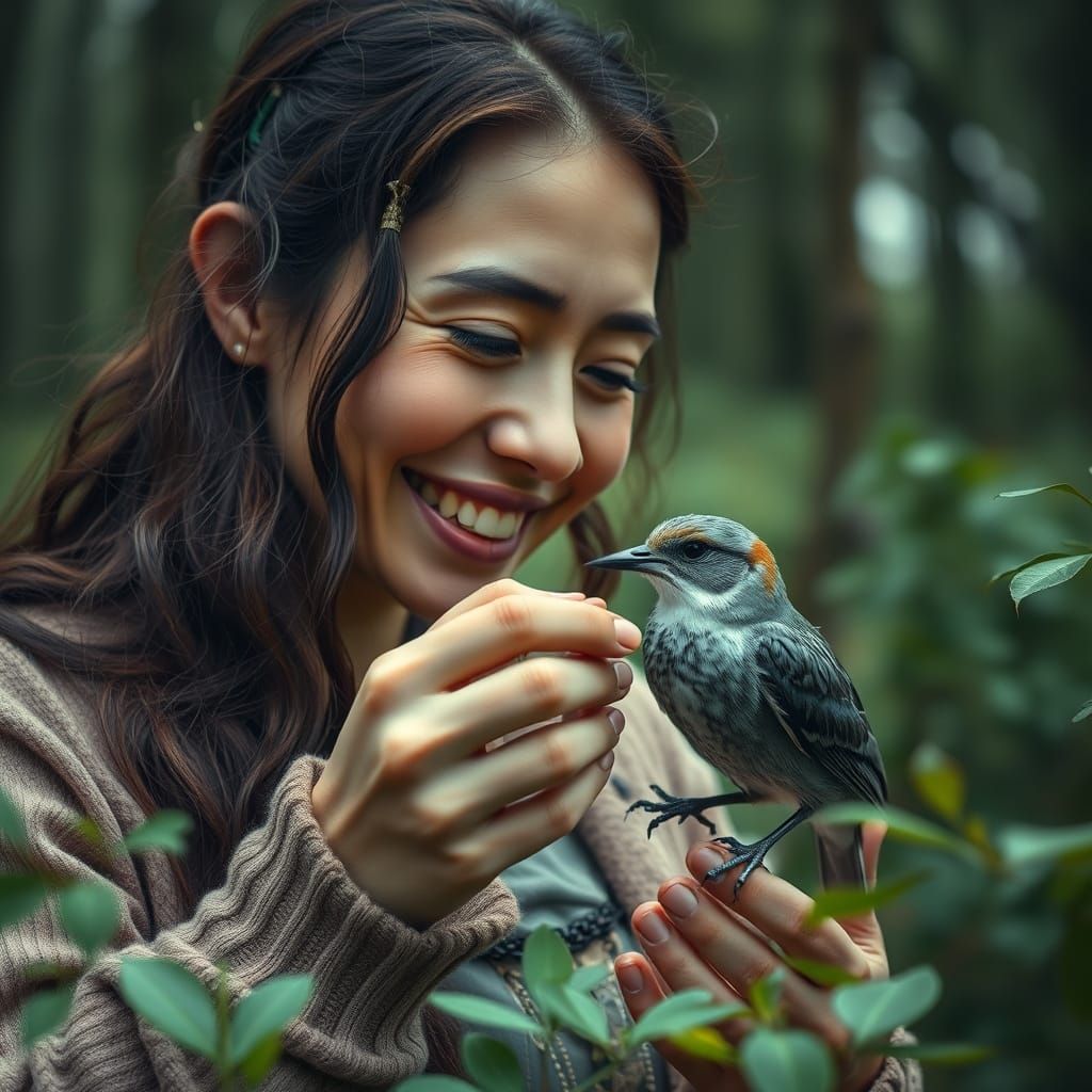 Gentle Woman Helping Bird in Forest: Hyperrealistic