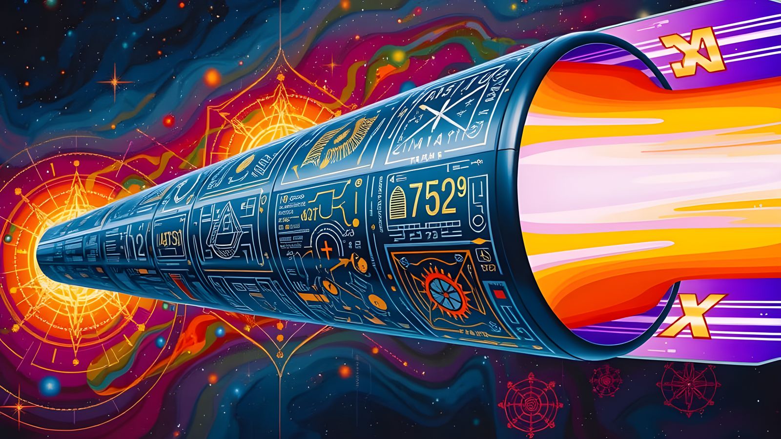Gleaming Cylinder Races Through Starry Cosmos as Impasto Pai...