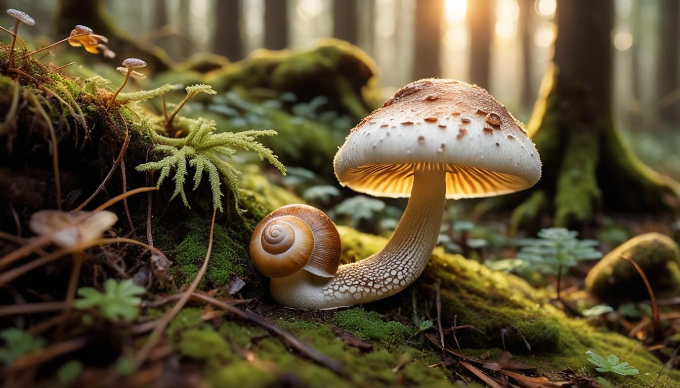 Mushroom and Snail Still Life at Sunrise