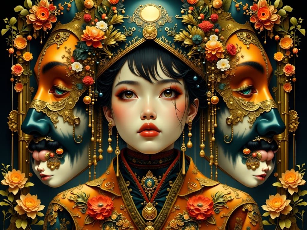 Chiyoko's Kibuki Mask Encounter in Fantasy Realism Style