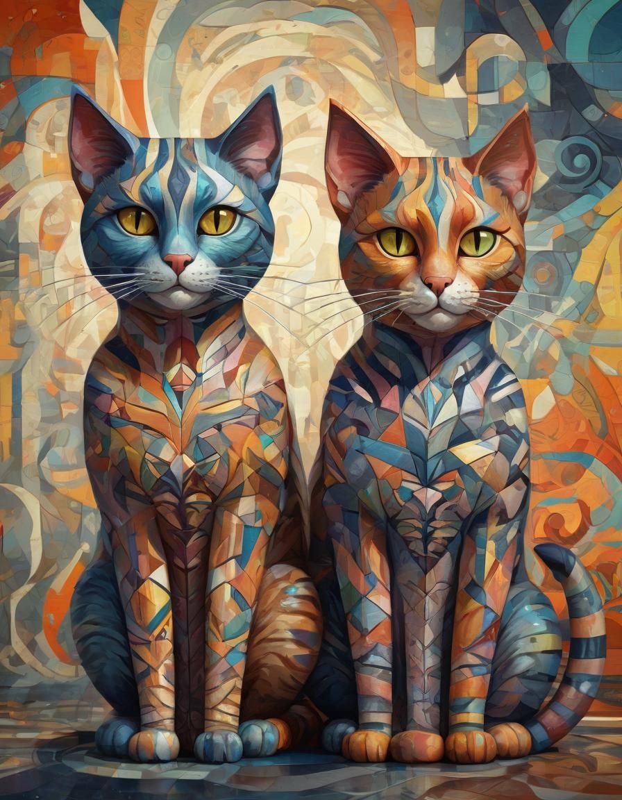Cubist Cat Family Portrait in Digital Art