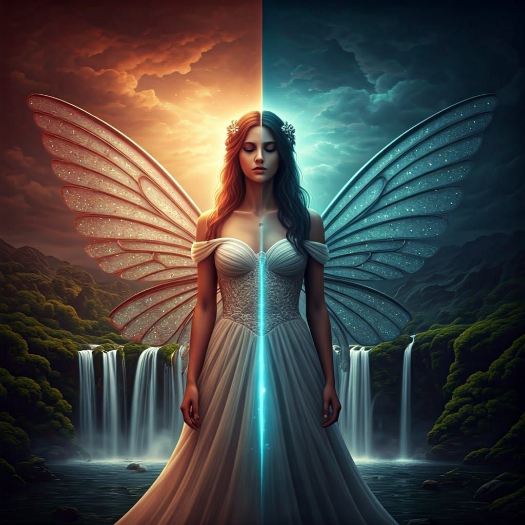 Fantasy Angelfairy Double Exposure Waterfall in Split-Comple...