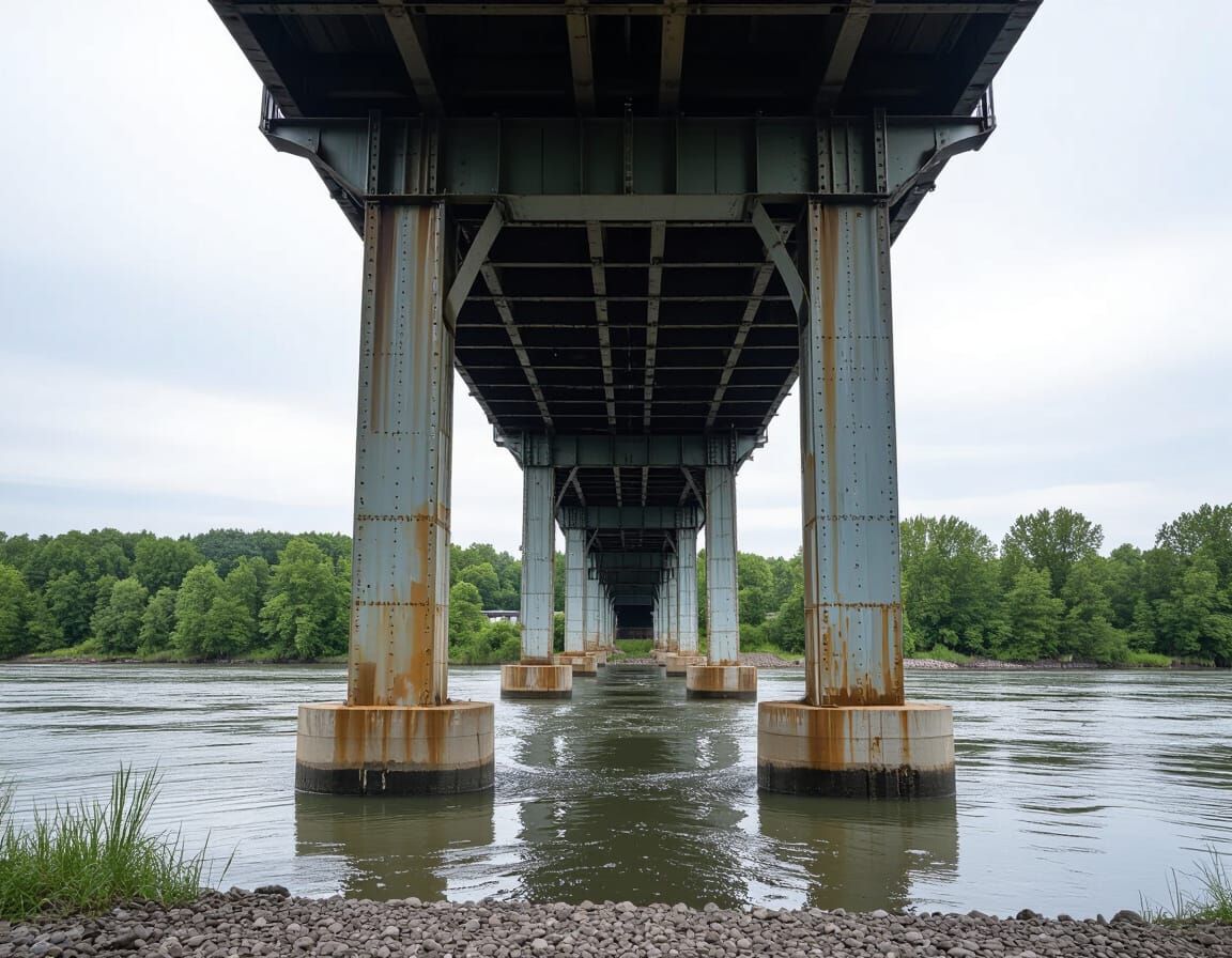 Damaged Four-Lane Steel Bridge Over River