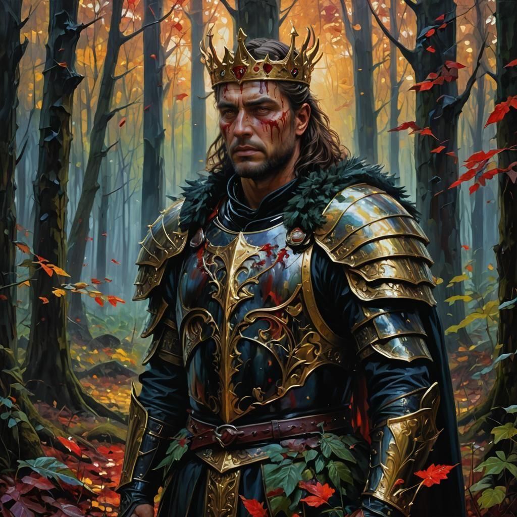 Dark Fantasy King in Forest: Oil Painting
