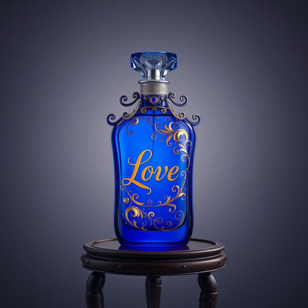 Luxurious Cobalt Blue Perfume Bottle in Golden Script