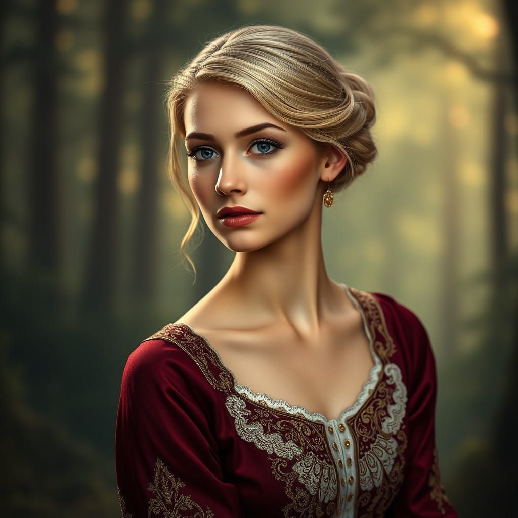 Elegant Young Woman in Burgundy Dress with Golden Accents