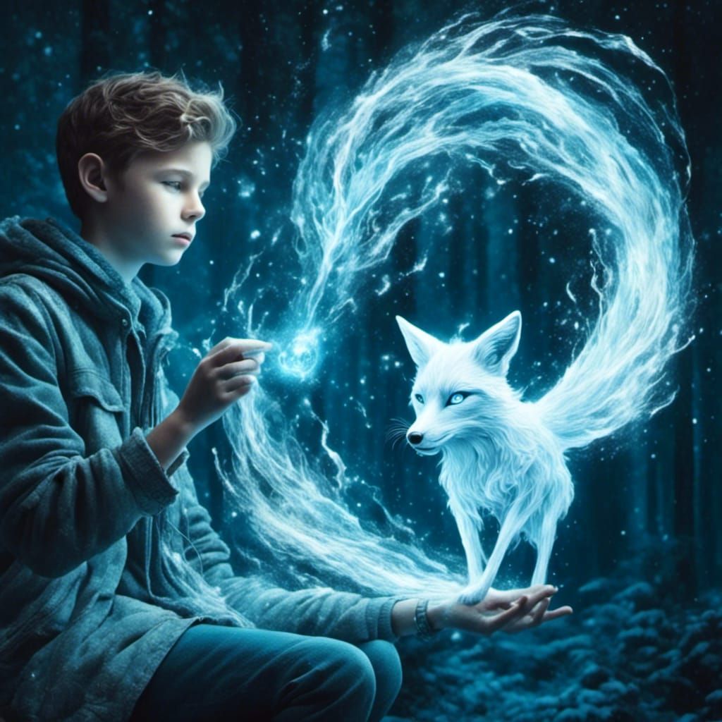 Wizard Boy and Bioluminescent Fox Patronus in Hyperrealism