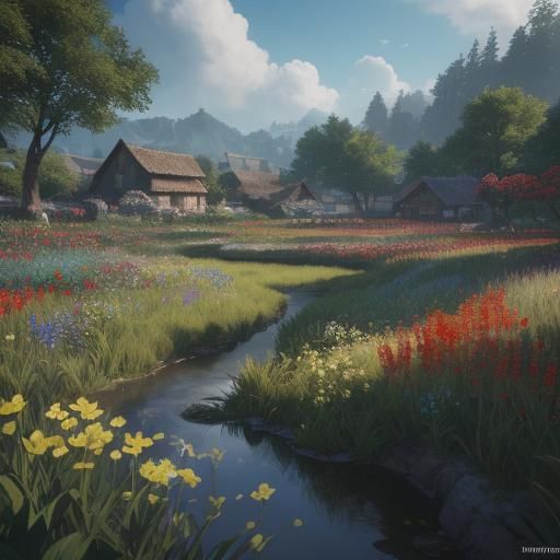 Lush Field Scene with People in Peasant Clothing