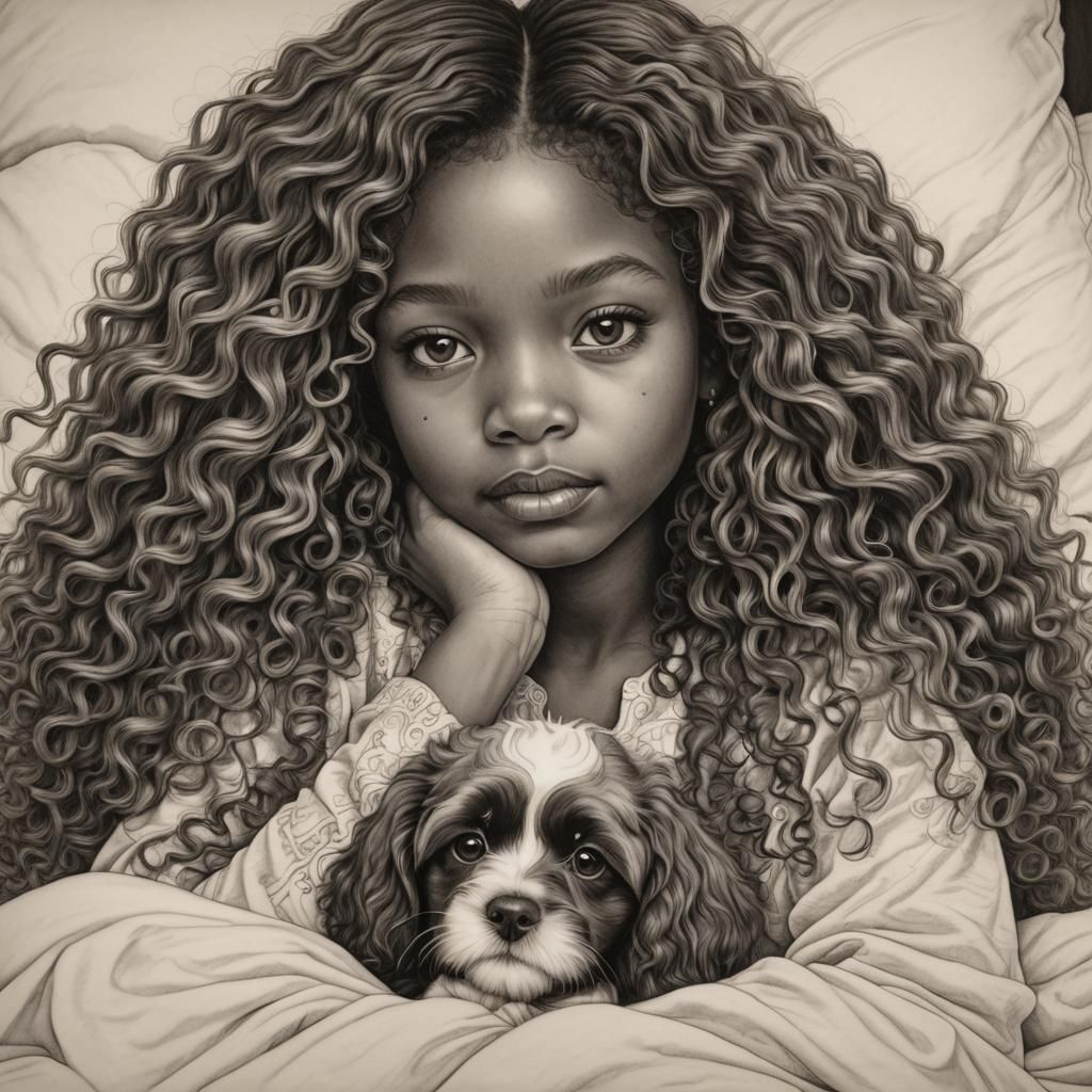 Realistic Pencil Drawing of Girl with Puppy