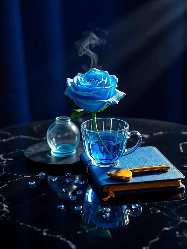 Sapphire Rose Still Life on Marble Table