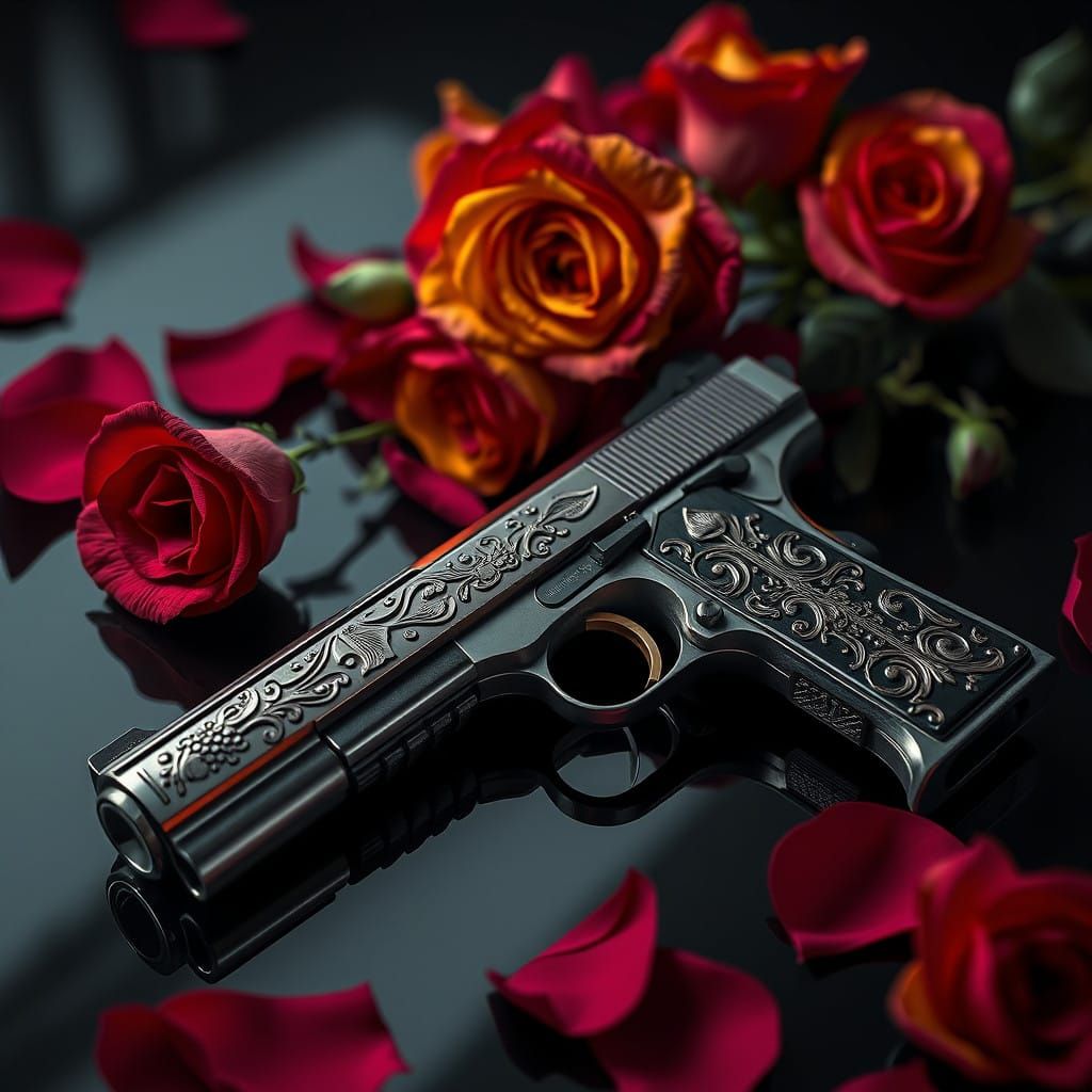 Dark Fantasy Colt Pistol Amidst Crimson Roses on Black Velve...