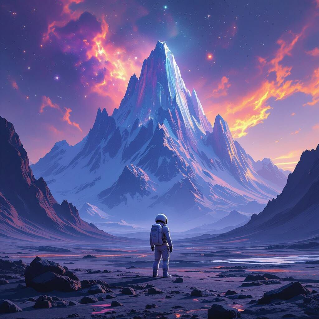 Astronaut Gazes at Crystalline Mountains on Alien Planet