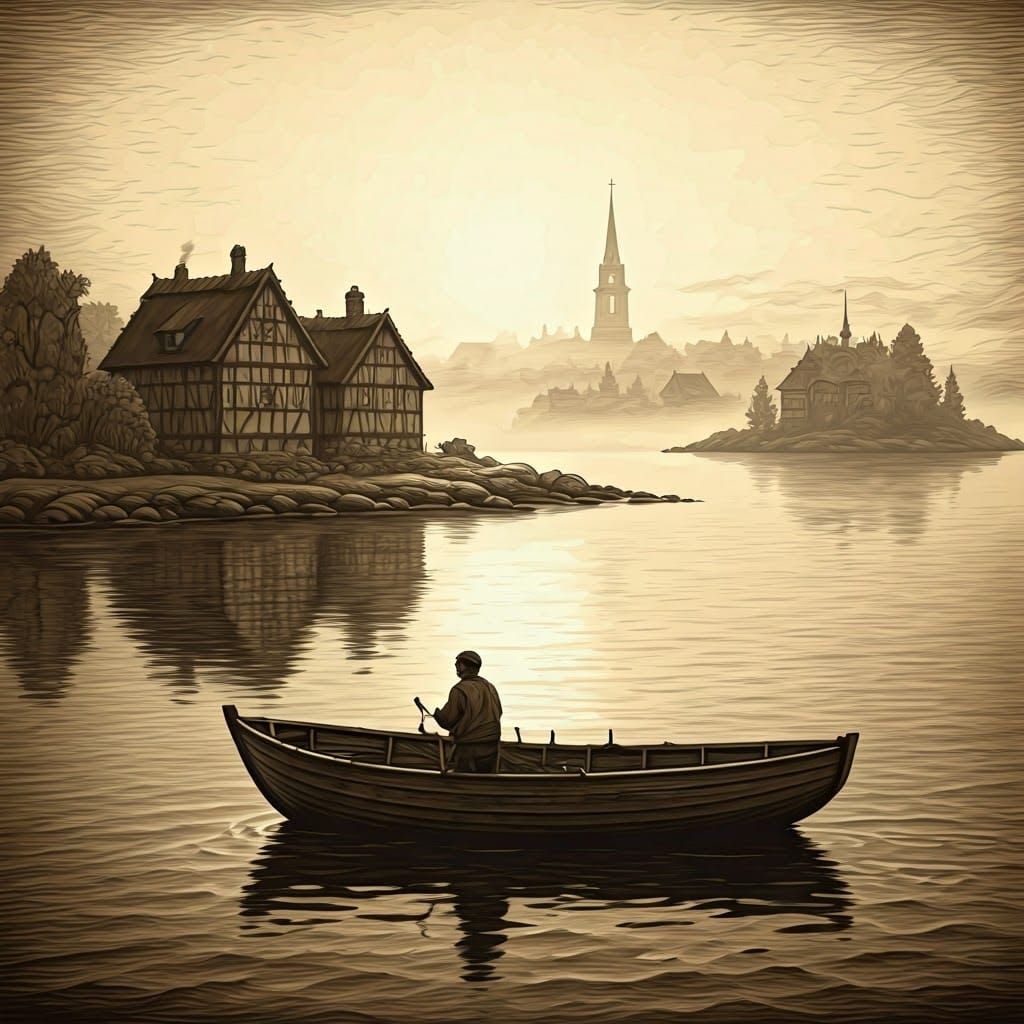 Ethereal Dawn: Fisherman in Fog, Etching and Aquatint Style