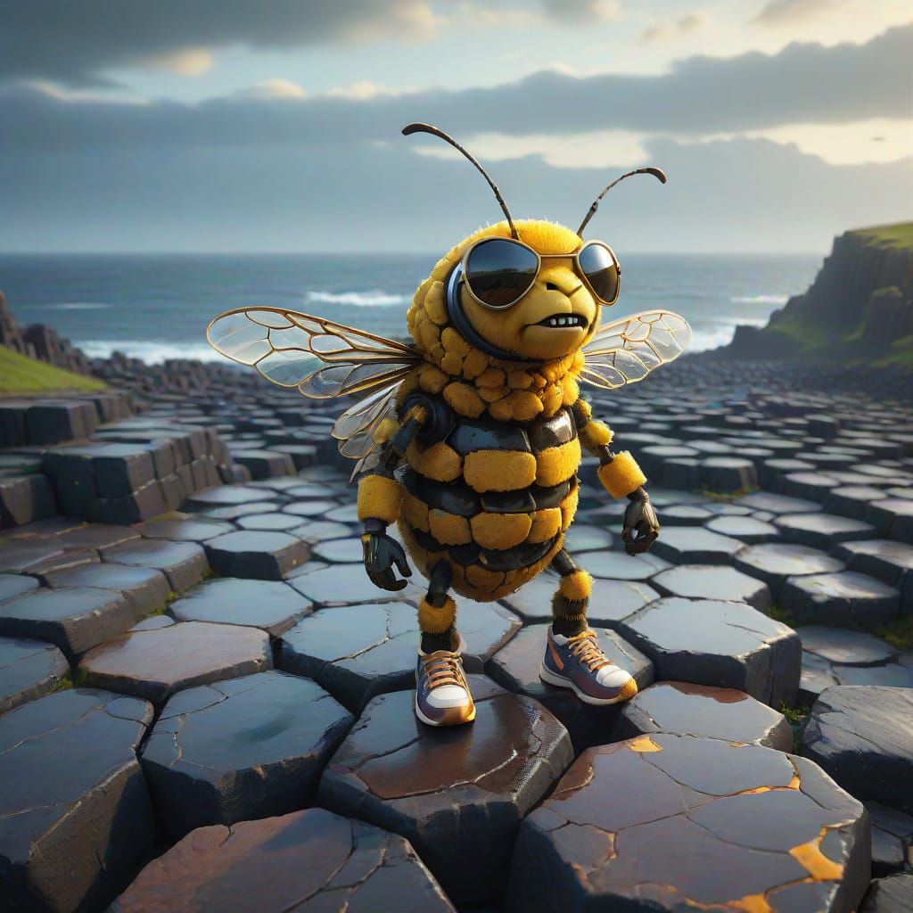 Majestic Bee Walks Giant's Causeway in Surreal Landscape
