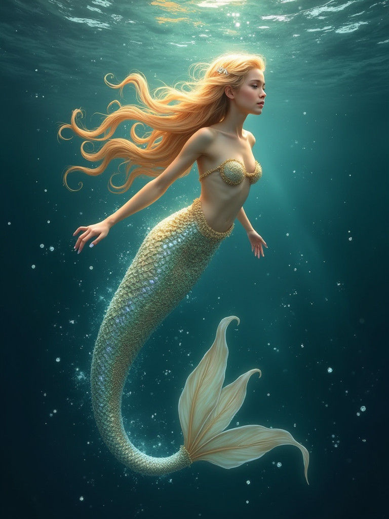 Ethereal Mermaid in Ocean Abyss: Dreamlike Illustration