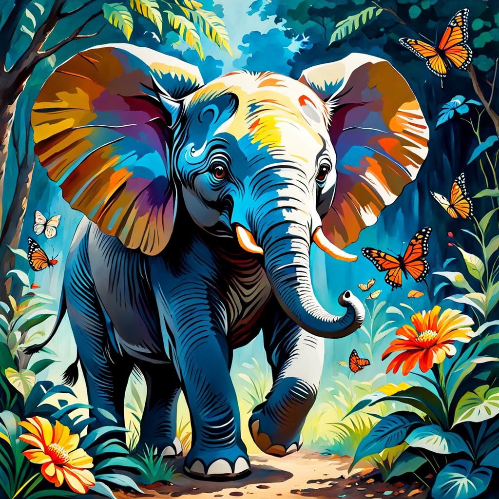 Elephant and Butterfly in Gouache Style