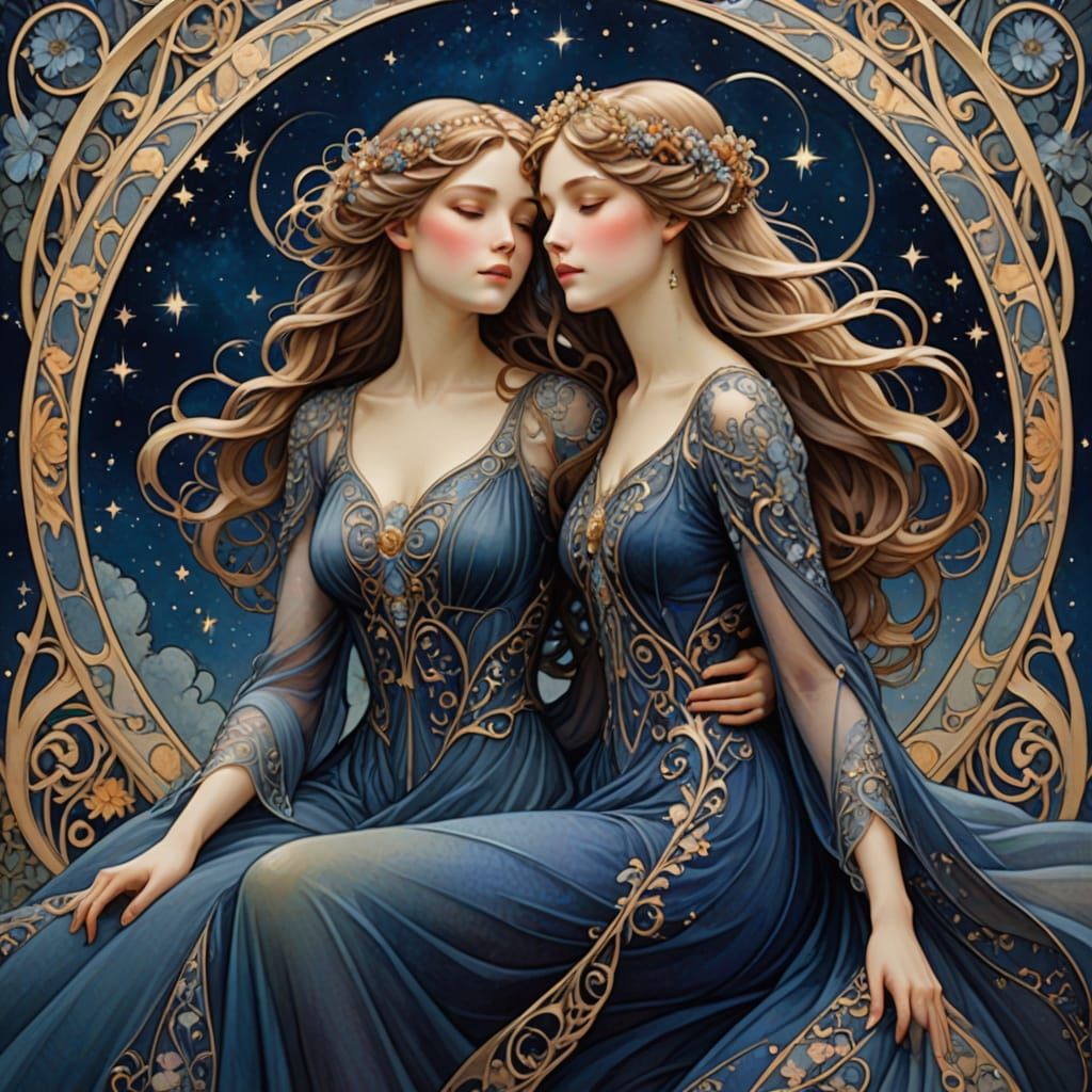 Dreamy Art Nouveau Twins Under Starry Night Sky