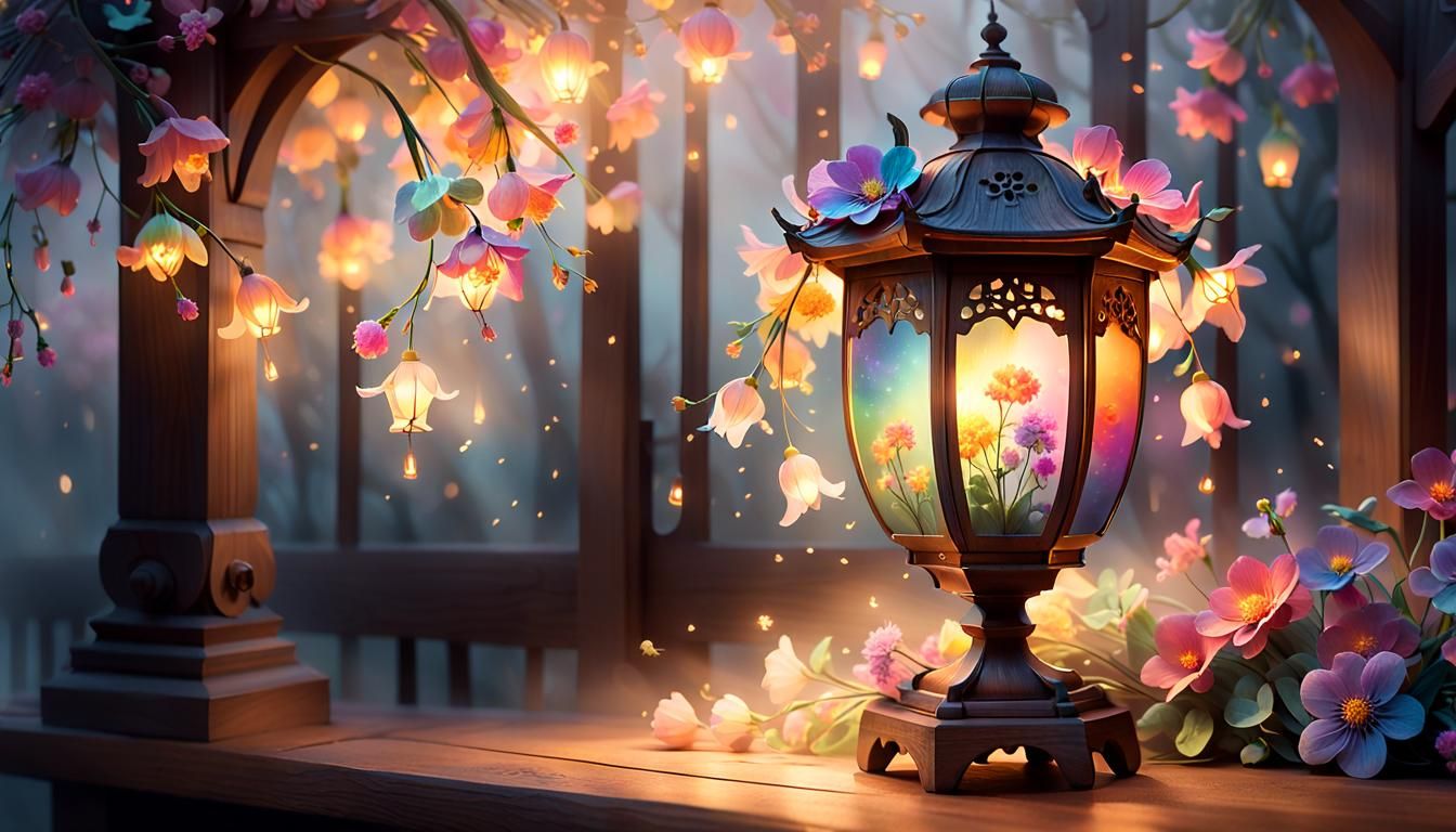 Blooming Wooden Lamp Shines in Misty Concept Art