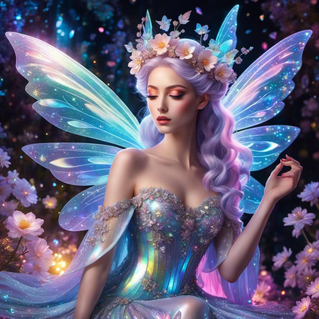 Holographic Fairy Surrounded by Opalescent Flowers