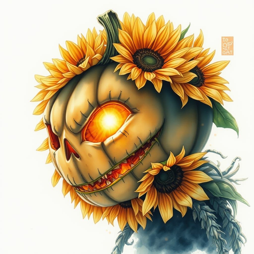 Sunflower Jack-o'-Lantern in Watercolor Style