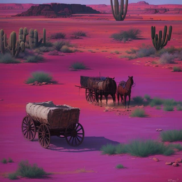 Authentic Western Oil Painting of Desert Wagon Scene