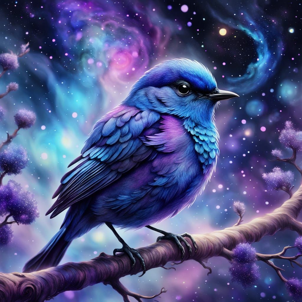 Cute Blue Bird in Cosmic Watercolor Dreamscape