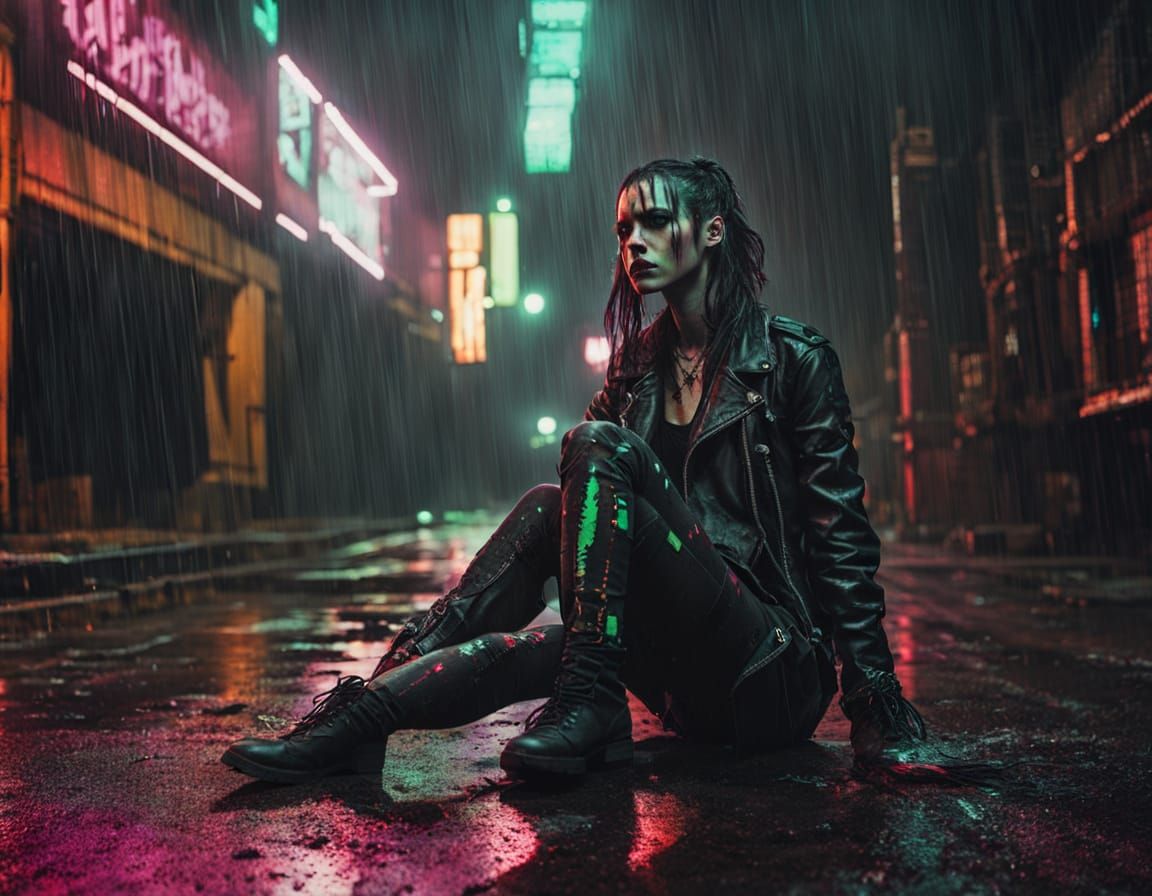 Gothic Cyberpunk Portrait in Neon-Lit Rainy Night