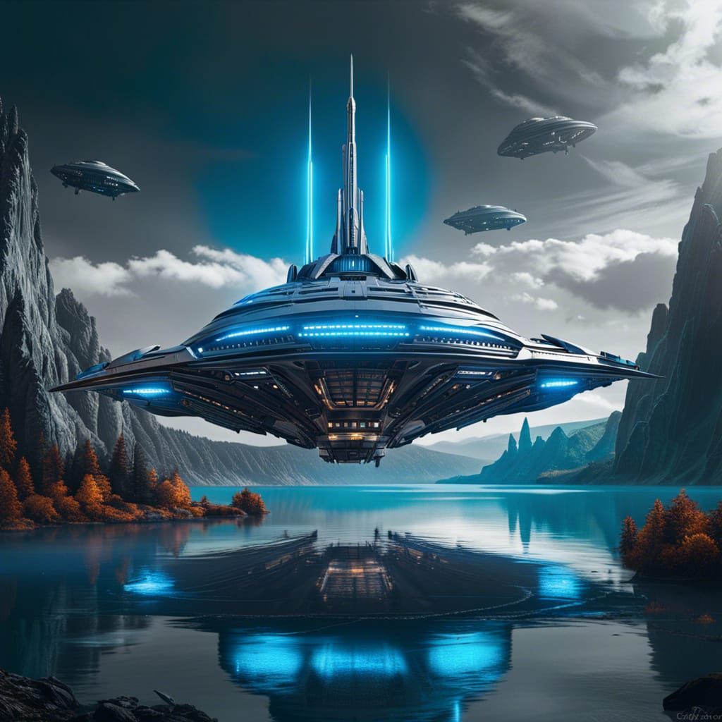 Giant Sci-Fi Starship Landing in Grayscale