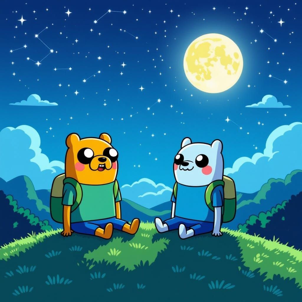 Finn and Jake Under Vibrant Ooo Night Sky