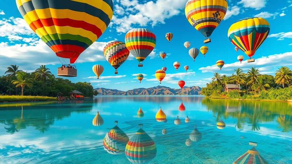Hot Air Balloons Over Tropical Lagoon, Hyperrealistic Digita...