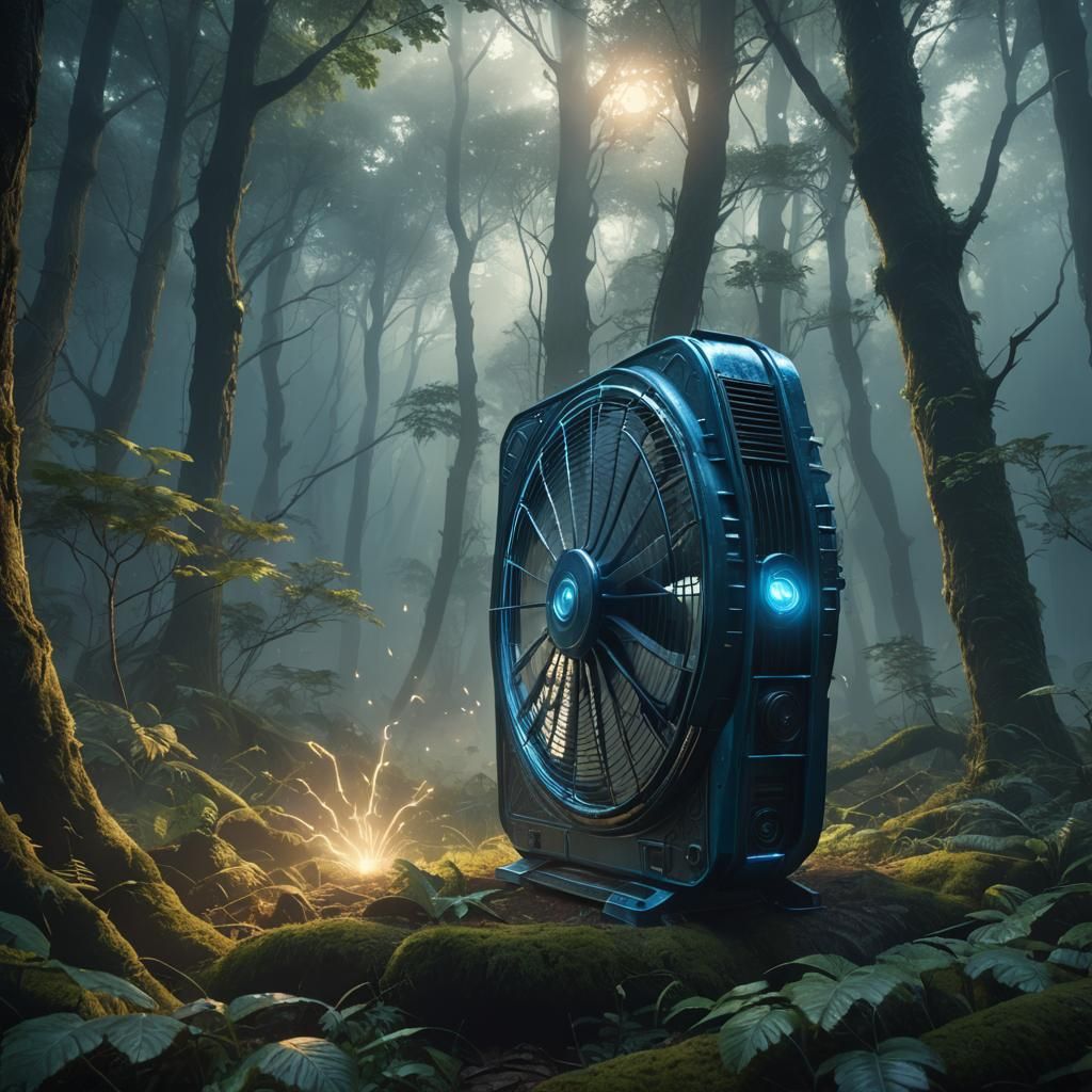 Mystical Forest: Blue Box Fan with Glowing Eye