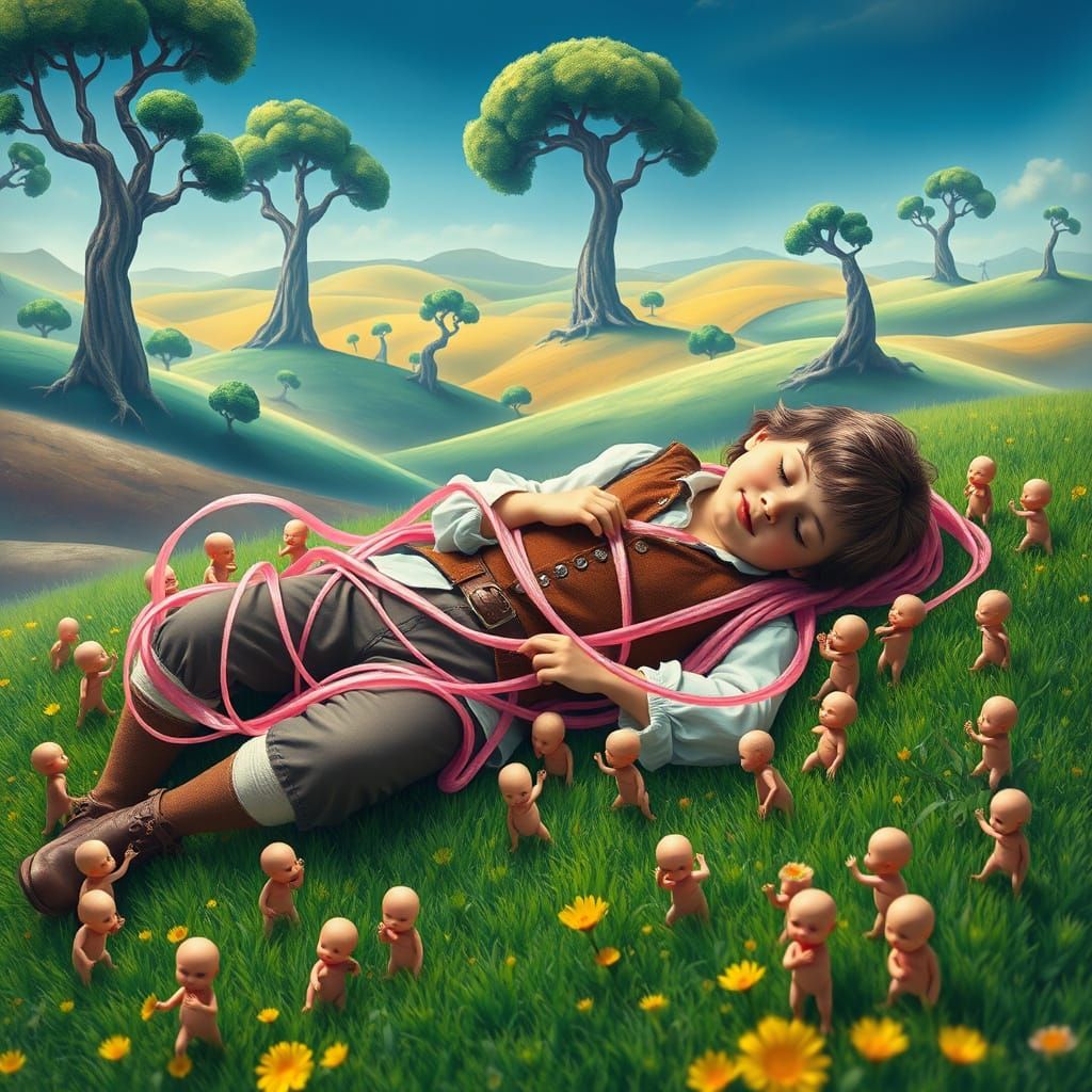 Lilliputians Wrap Adventurer in Whimsical Pink Bubblegum