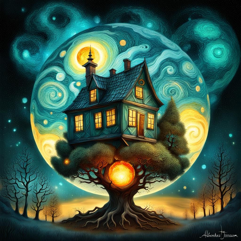 Whimsical Globe with Houses and Fireflies