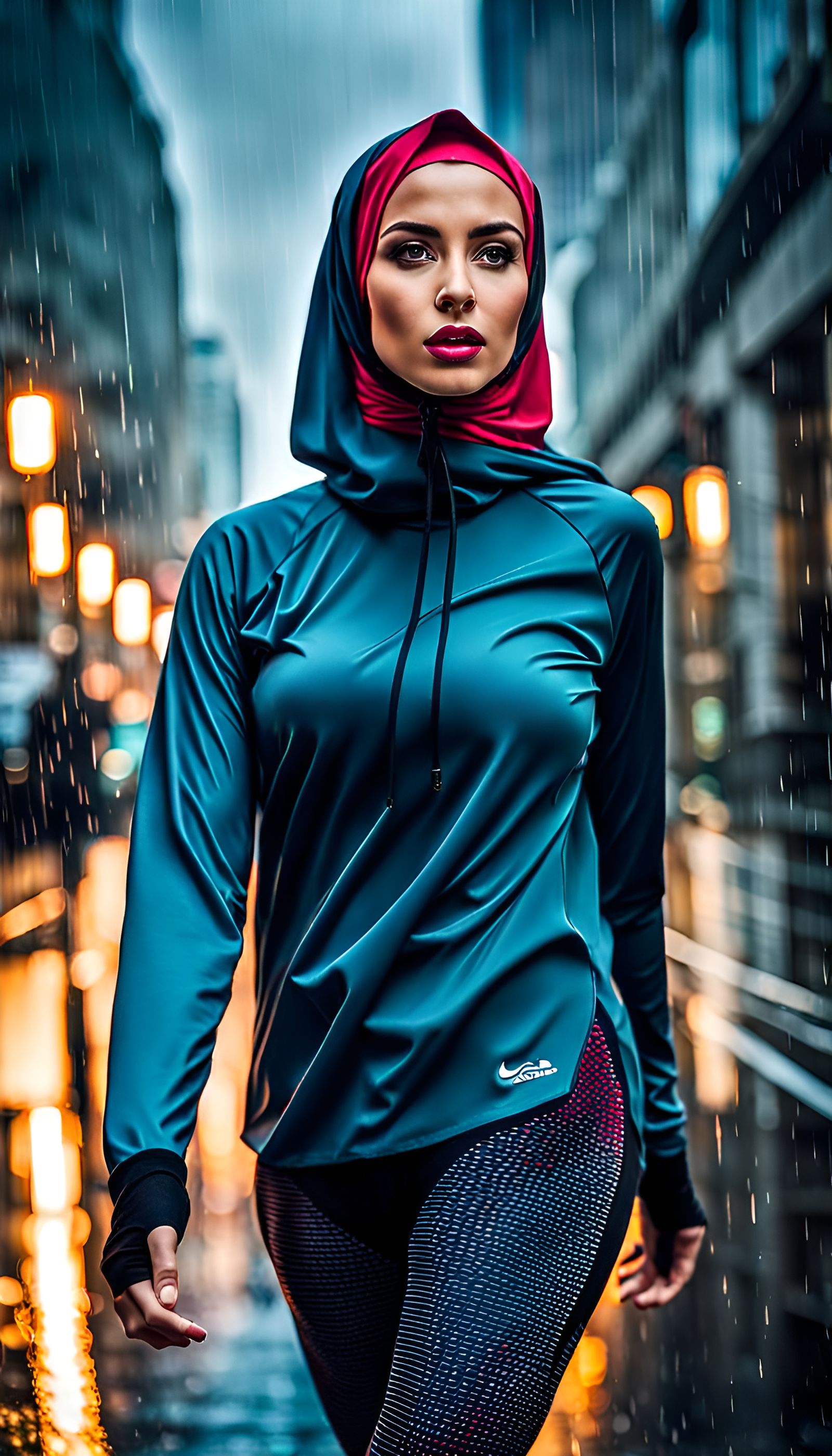 Woman in Sport Hijab Walking in Rainy City