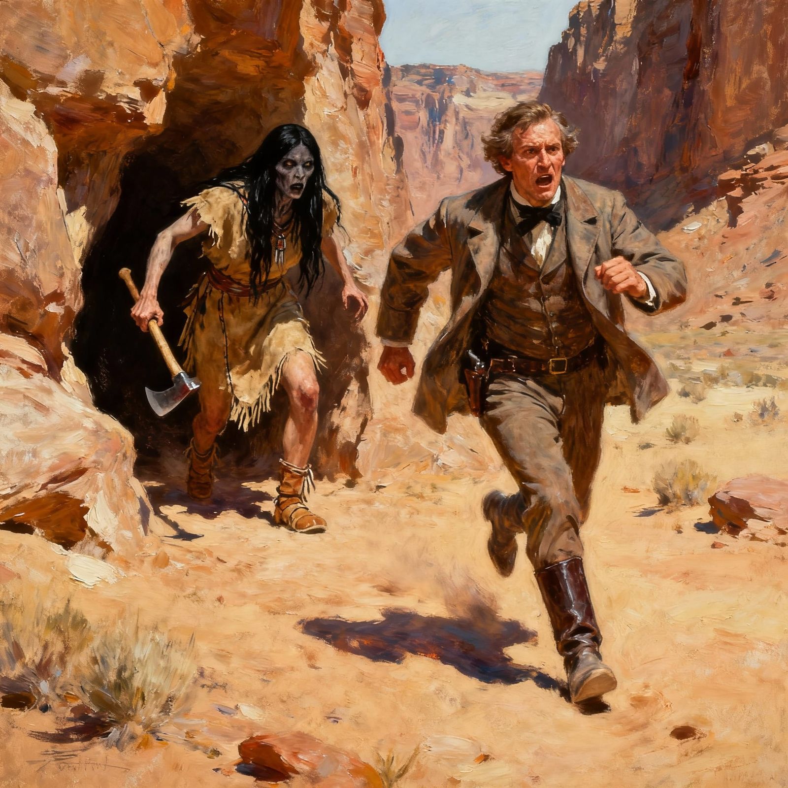 Robber Baron Flees Desert From Ominous Figure in Impressioni...