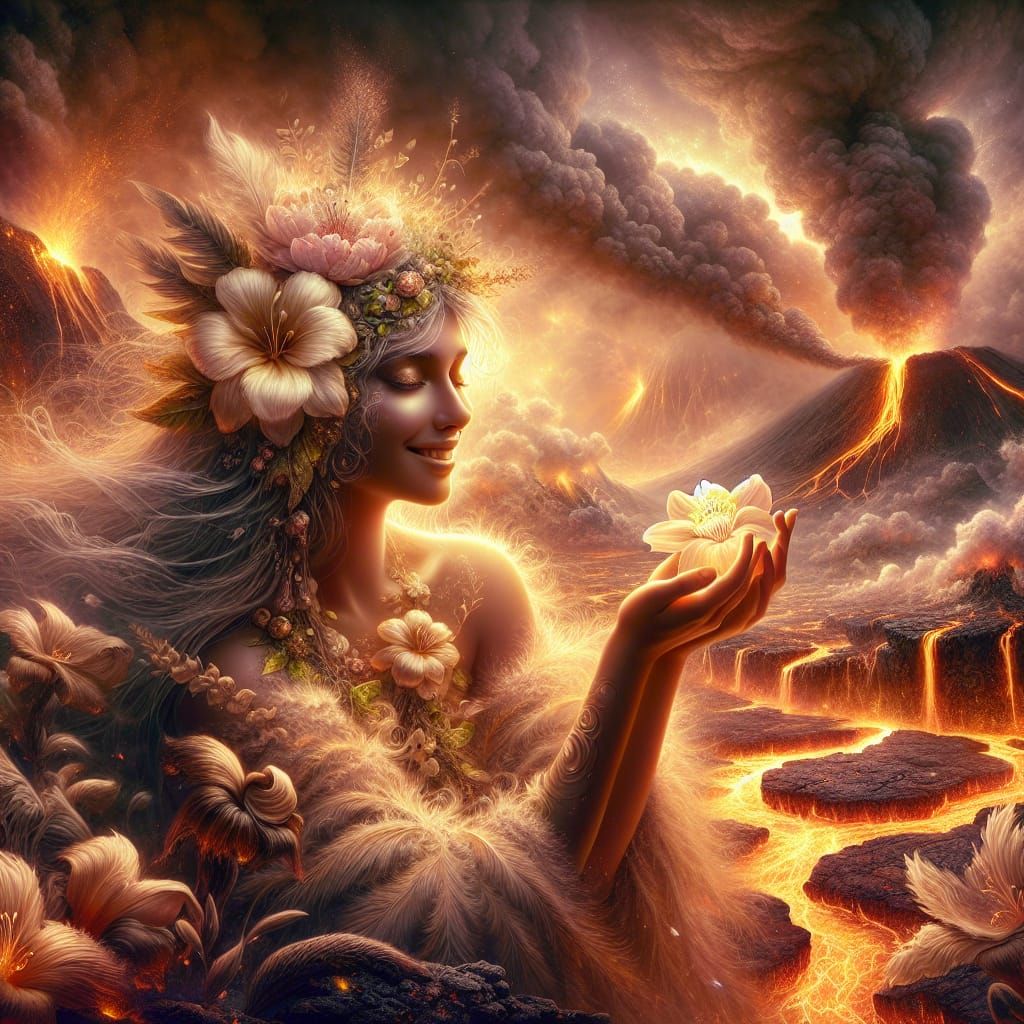 Goddess Pele Nurturing Life Amidst Volcanic Landscape