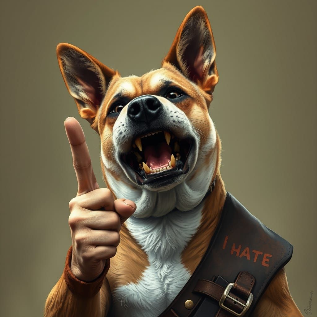 Furious Dog with Mustache Sticks Finger Up