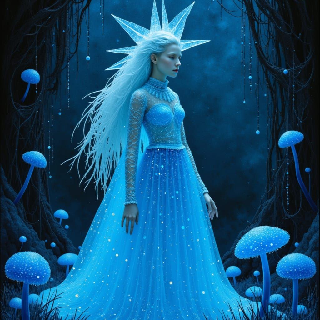 Ice Queen in Bioluminescent Grotto, Art Nouveau Style