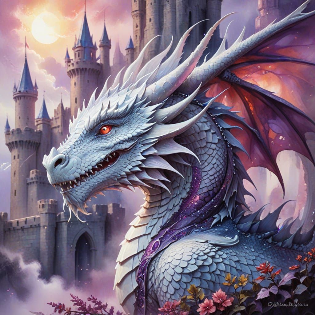 Enchanting White Dragon Coiled Around Castle in Watercolor