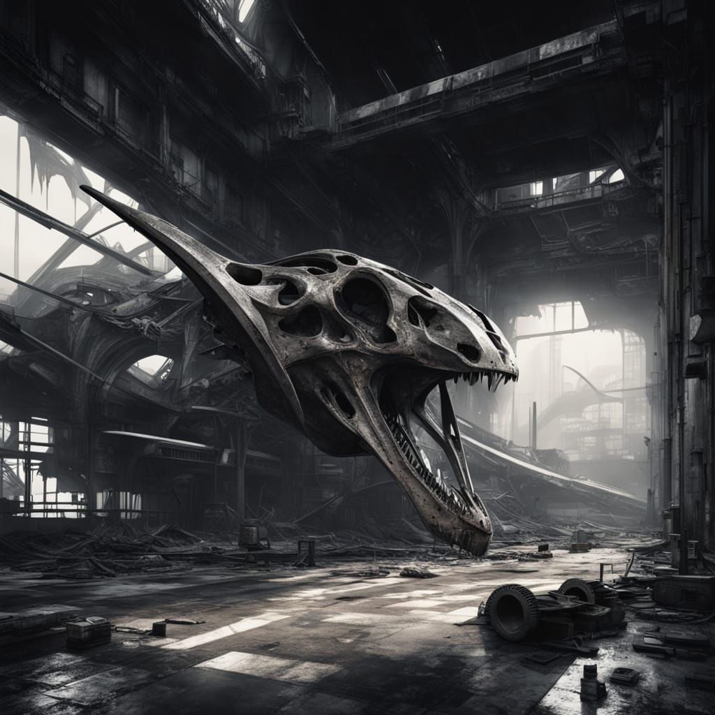 Cyberpunk Pteranodon Skull Amidst Decaying Metropolis