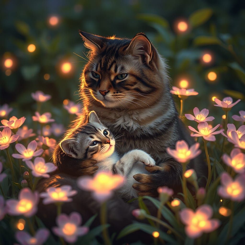 Mother Cat's Gentle Glow in Enchanted Field